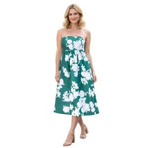 Cynthia Rowley Green & White Floral Strapless Midi Dress Elastic Smocked Back 14